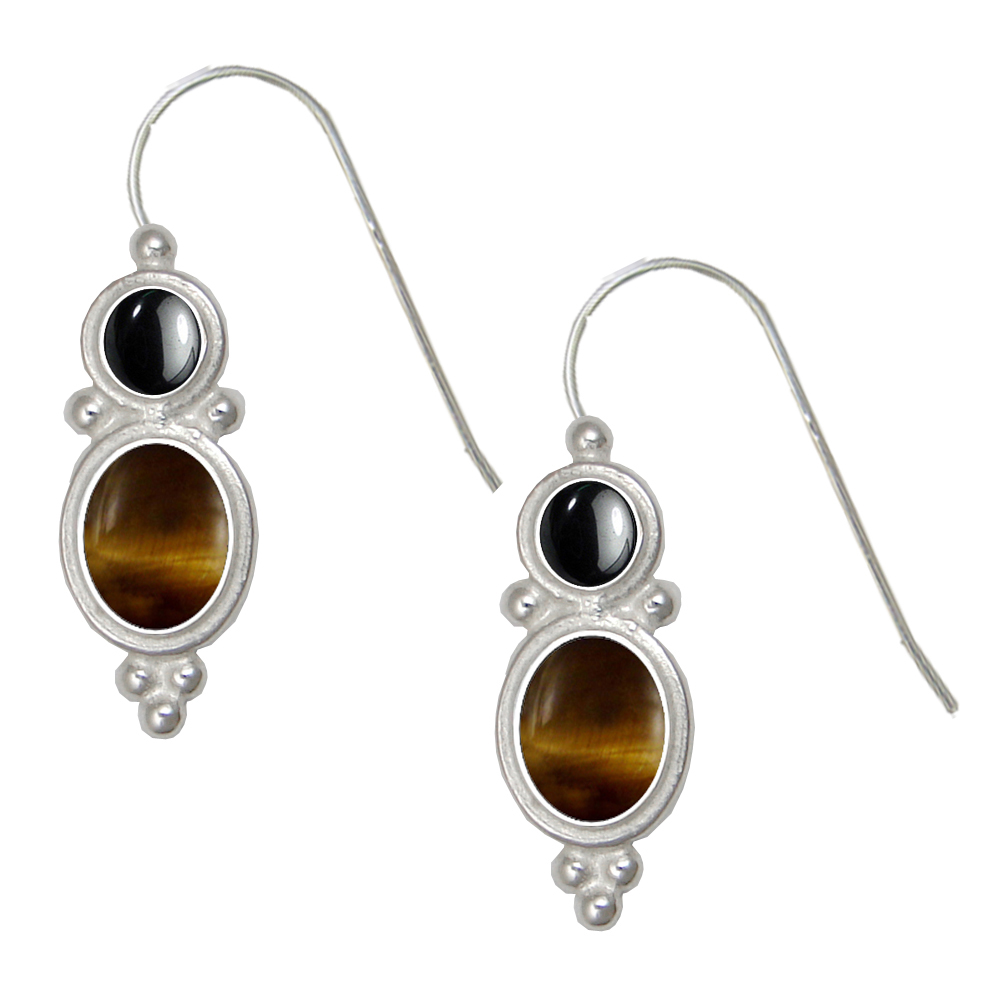 Sterling Silver Drop Dangle Earrings Tiger Eye And Hematite